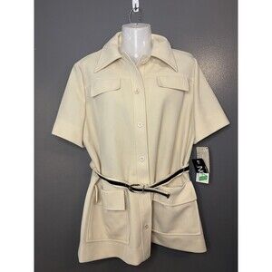 Vintage Devon Jacket Womens 16 Ivory Belted Safari Double Knit Short Sleeve 70s